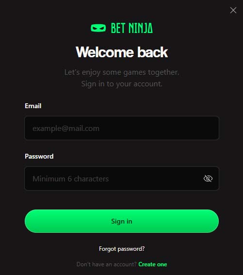 BetNinja Casino login screenshot