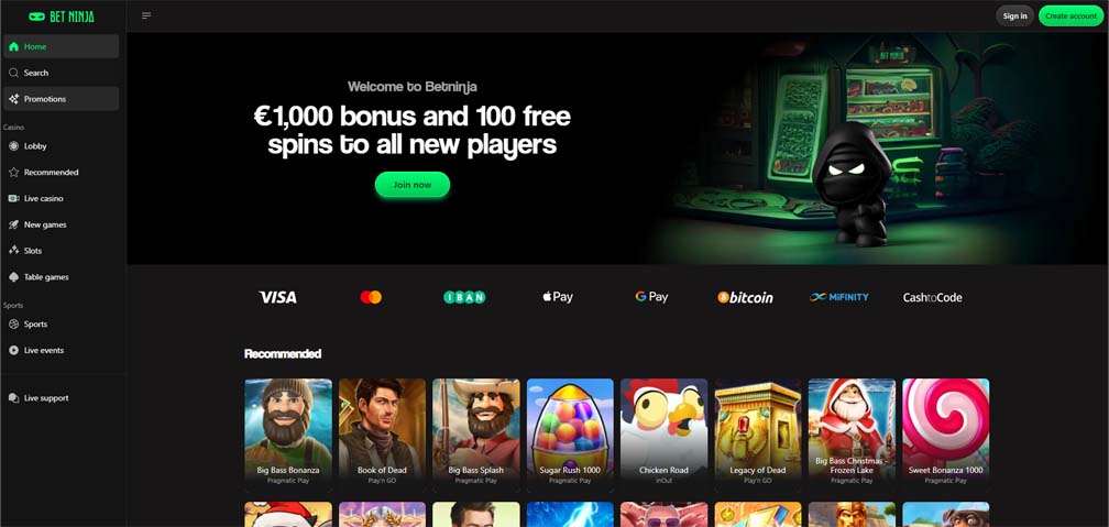 BetNinja Casino main page screenshot