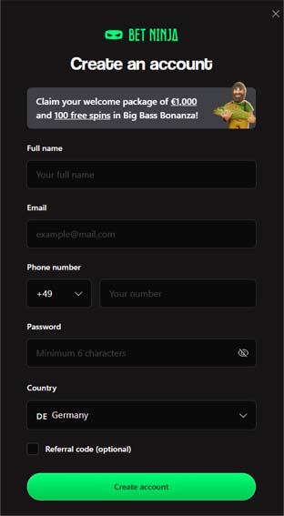 BetNinja Casino signup screenshot