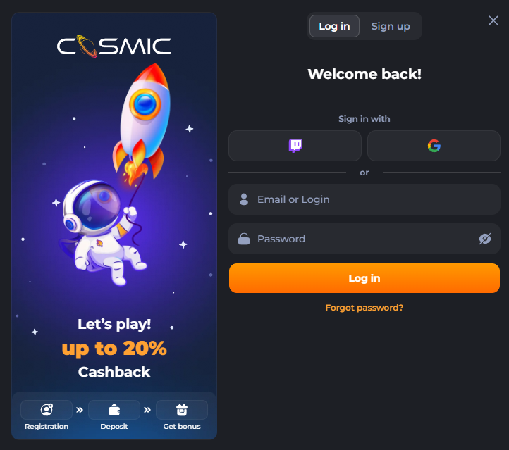 CosmicSlot Casino login screenshot