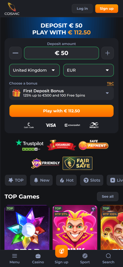 CosmicSlot Casino mobile screenshot