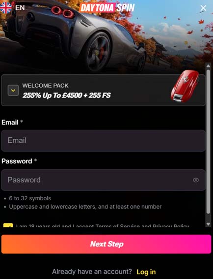 Daytonaspin Casino signup screenshot