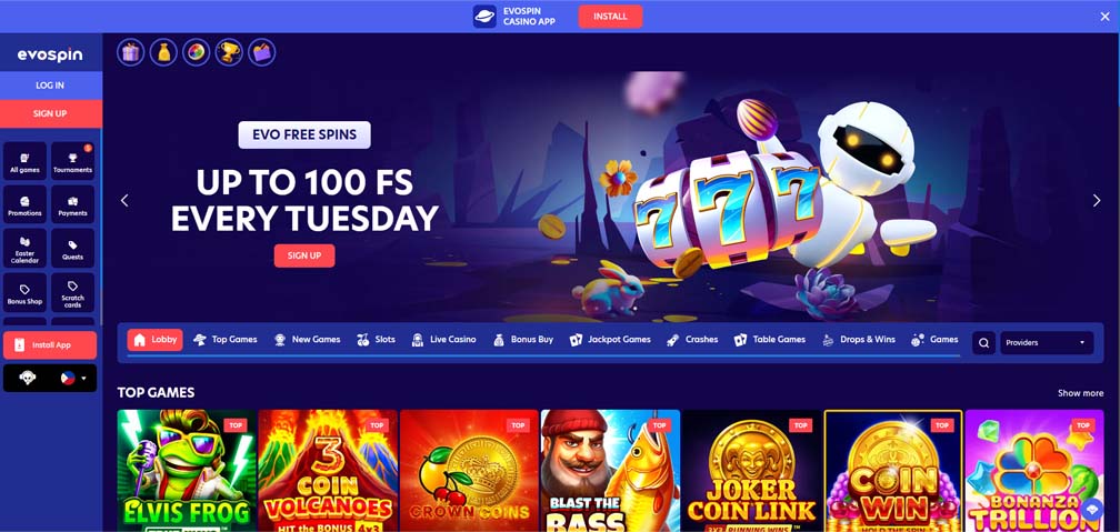 Evospin Casino main page screenshot