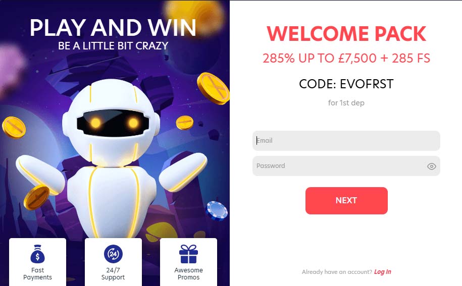 Evospin Casino signup screenshot