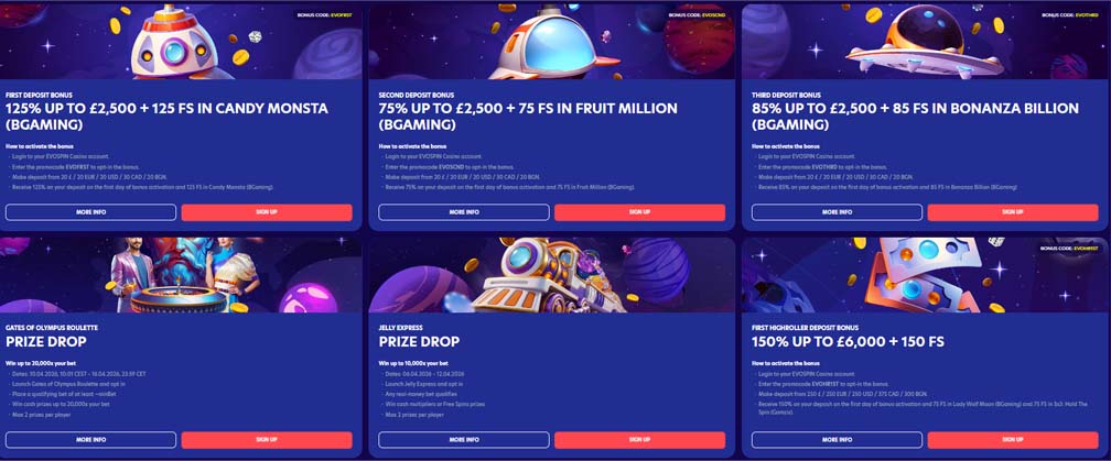 Evospin Casino welcome bonuses screenshot