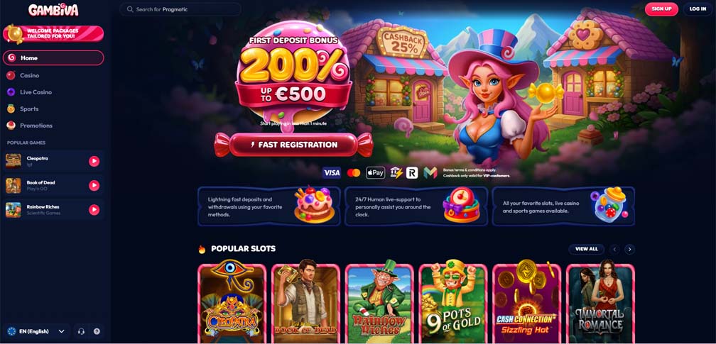 Gambiva Casino main page screenshot
