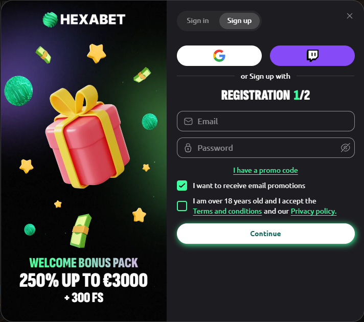 Hexabet Casino login screenshot