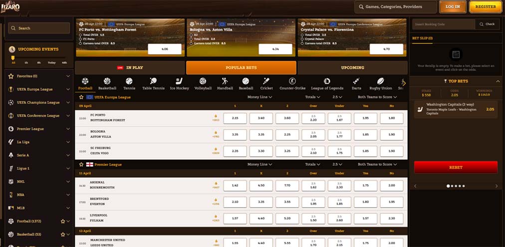 Lizaro Casino sports betting screenshot