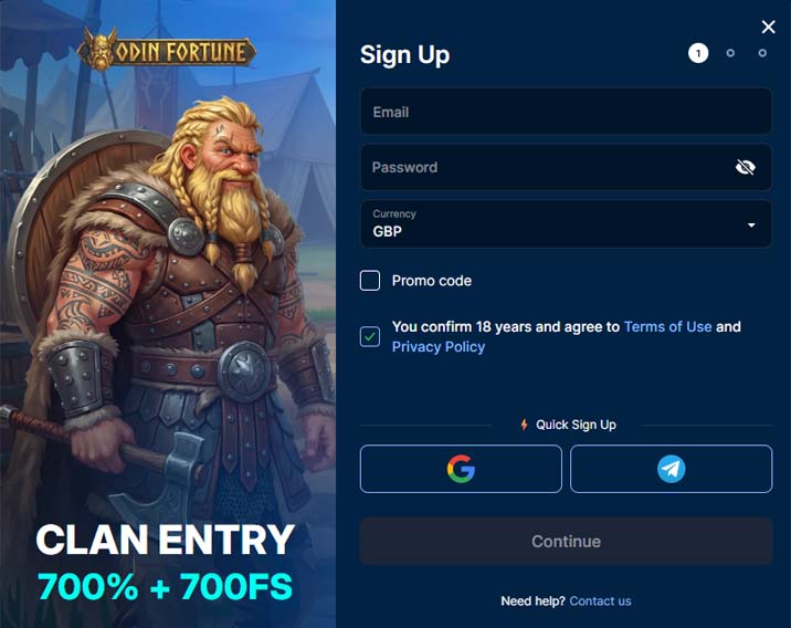 Odin Fortune Casino signup screenshot
