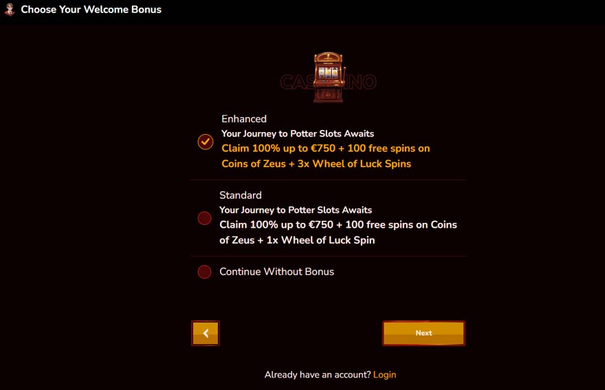 Potter Slots Casino welcome bonus screenshot