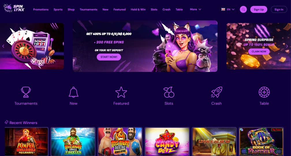 Spinlynx Casino main page screenshot