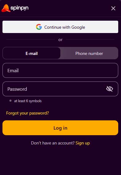 Spinpin Casino login screenshot
