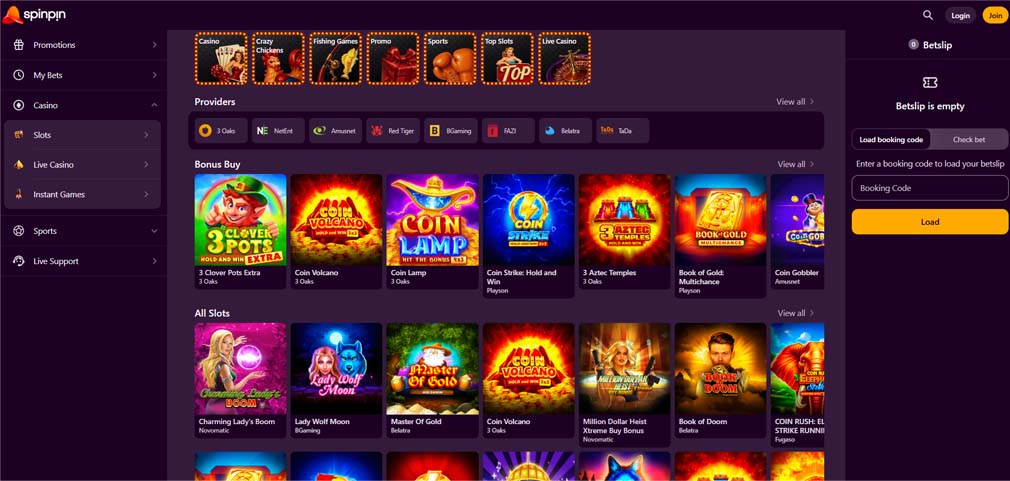 Spinpin Casino main page screenshot