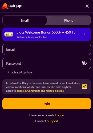 Spinpin Casino signup screenshot