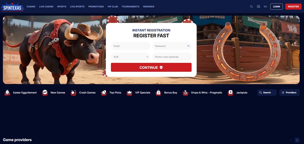 Spintexas Casino main page screenshot