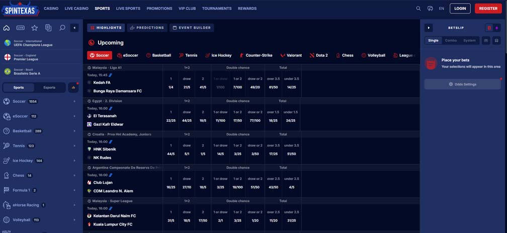 Spintexas casino sports betting screenshot