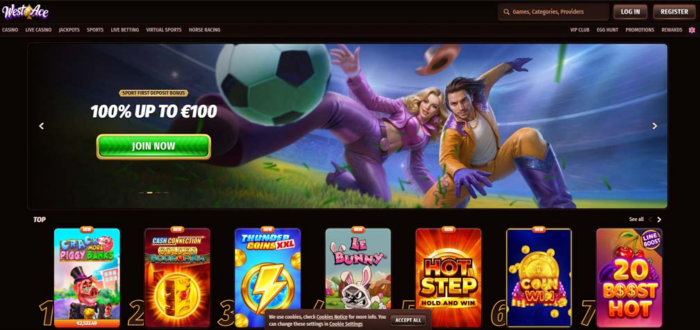 WestAce Casino main page screenshot