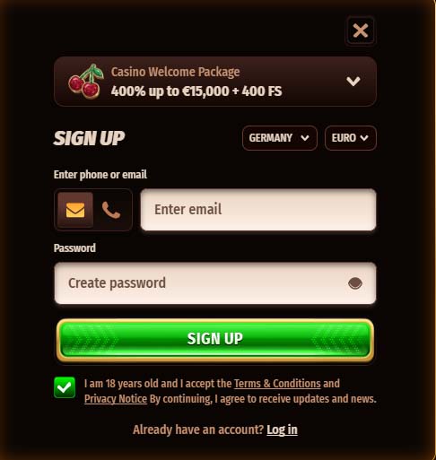 WestAce Casino signup screenshot